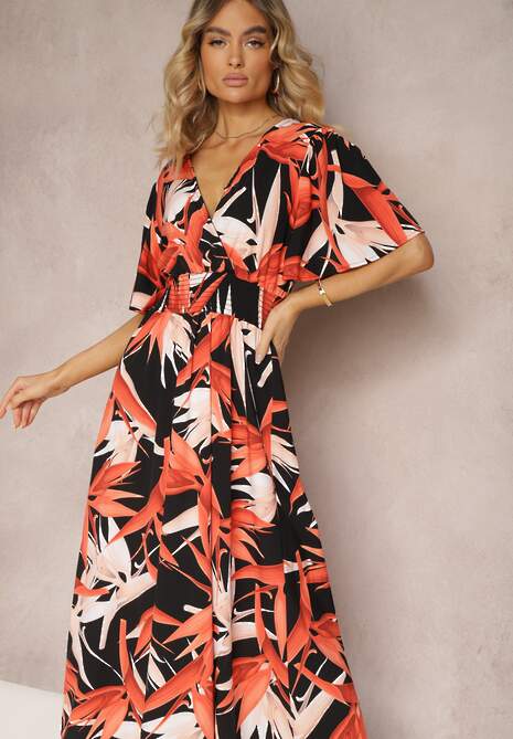 Czarno-Pomarańczowa Kopertowa Sukienka Wiązana na Plecach z Gumką w Talii Jeteri