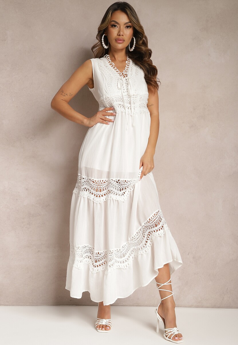 Fioletowa Maxi Sukienka o Rozkloszowanym Kroju z Ażurowymi Wstawkami Litulla