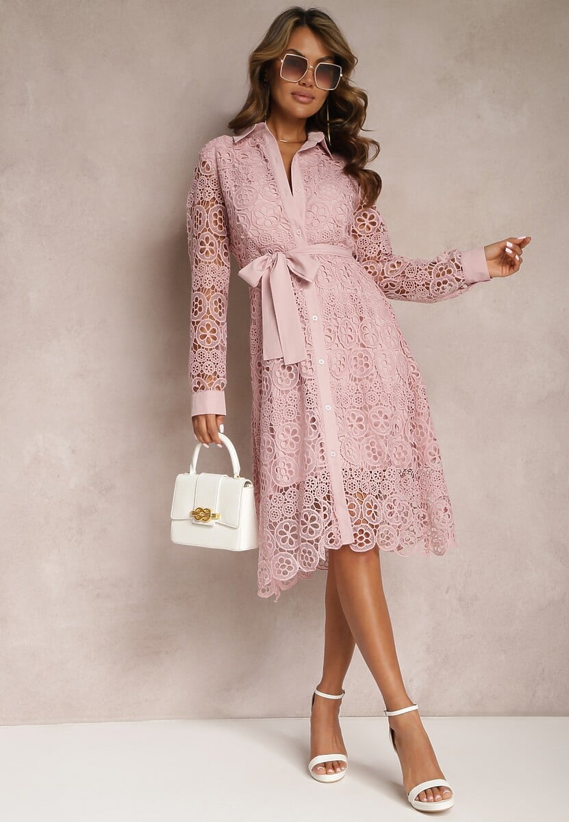 Różowa Rozkloszowana Midi Sukienka Ozdobiona Koronką z Paskiem w Talii Sailla