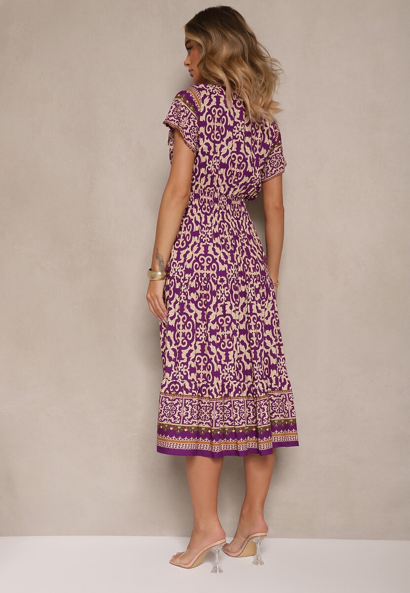 Ciemnofioletowa Sukienka z Bawełny Ozdobiona Ornamentnym Motywem Fillena