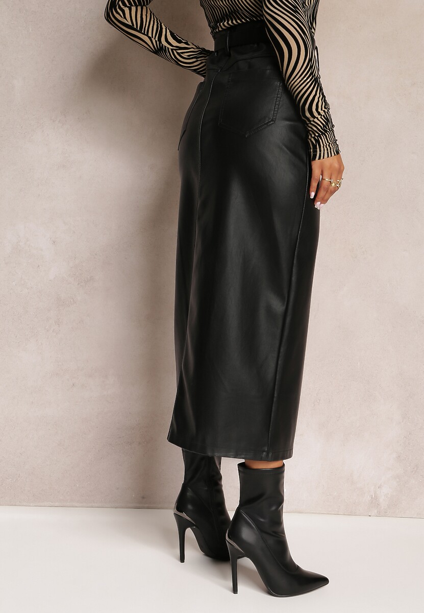 Czarna Ołówkowa Spódnica Maxi z Ekoskóry Evell