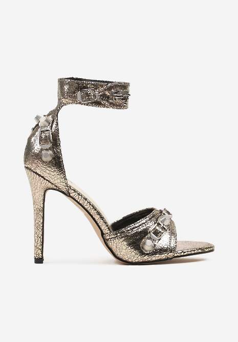 Złote Sandały na Szpilce z Ozdobnym Suwakiem i Metalicznymi Klamrami Zefine