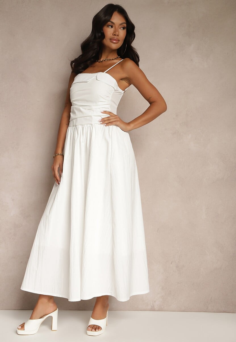 Beżowa Sukienka z Wiskozy z Bawełną Ozdobiona Zakładką Atellana