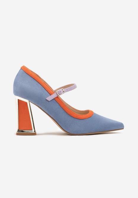 Niebieskie Czółenka na Słupku z Metaliczną Wstawką i Paskiem Linnelea