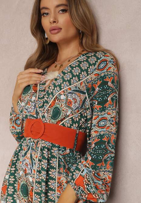 Zielona Sukienka Rozkloszowana z Paskiem Shara