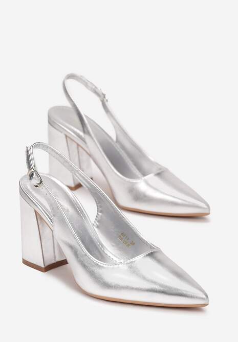 Srebrne Czółenka ze Szpiczastym Noskiem na Słupku i Odkrytą Piętą Dalanie