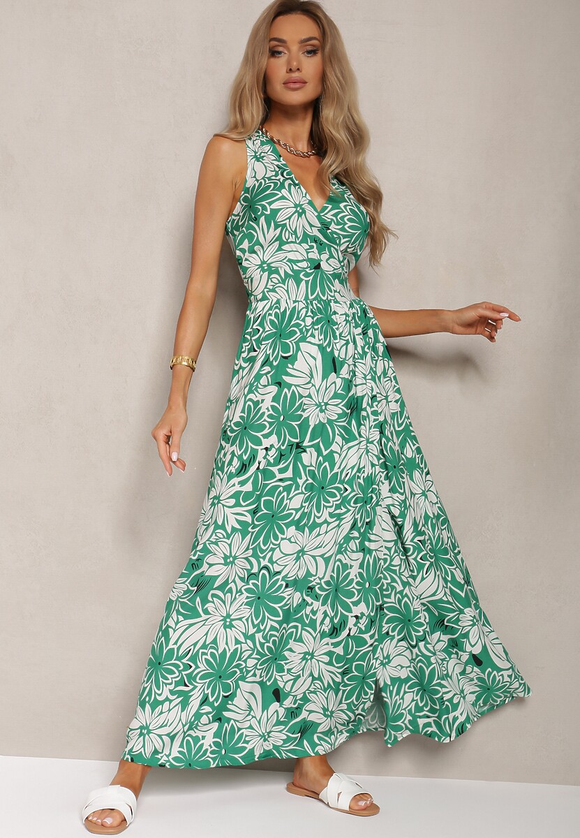 Zielona Kopertowa Sukienka z Wiskozy z Wiązaniem i Gumką w Pasie Vikissima