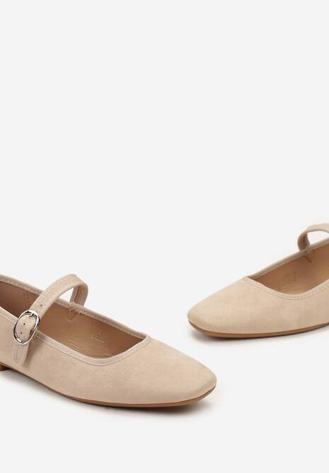 Beżowe Balerinki z Zapięciem na Sprzączkę i Kwadratowym Noskiem Loratie