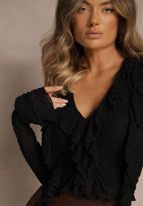 Czarna Bluzka VICES z Tłoczonej Siateczki Zdobiona Falbankami Nivite