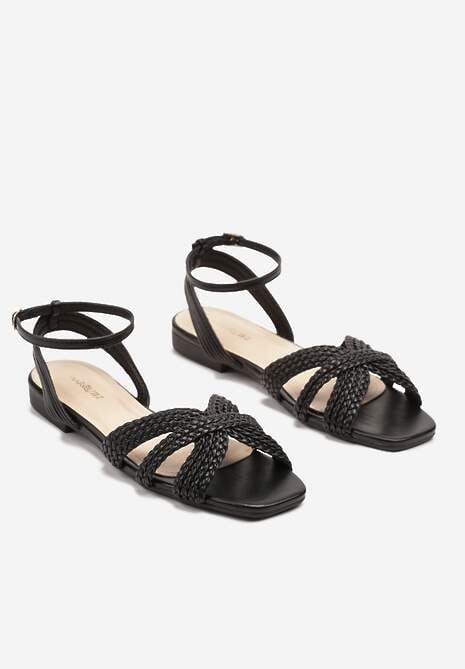 Czarne Sandały ze Sprzączką i Paskami z Plecionką Lavseki