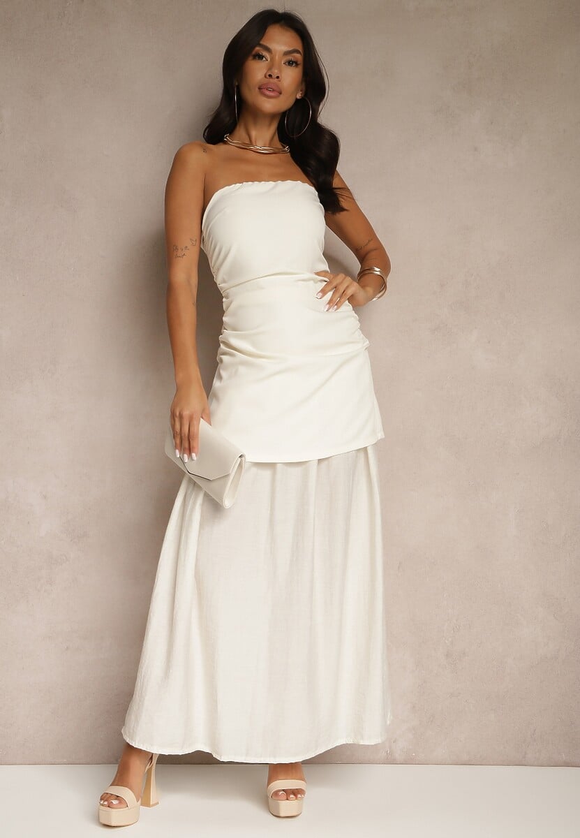 Różowa Sukienka Koktajlowa z Dekoltem Bandeau Ozdobiona Marszczeniem Folimmea