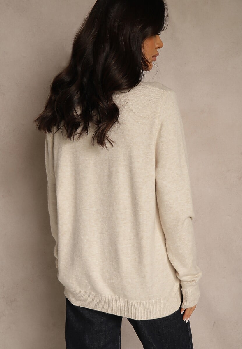 Beżowy Klasyczny Sweter z Wełną i Bawełną Bez Zdobień Neandia