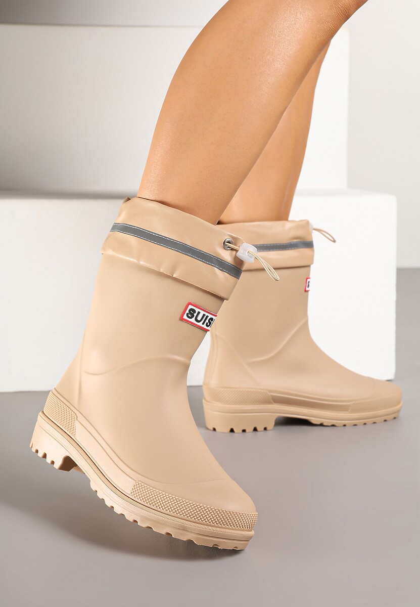 Ciemnobeżowe Kalosze ze Ściąganą Cholewką i Napisem Fenarale