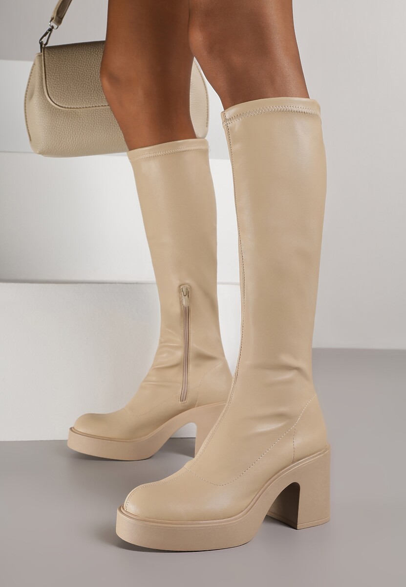 Beżowe Kozaki na Platformie i Słupku z Dopasowaną Cholewką Astila