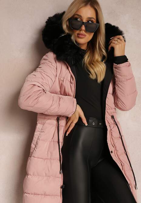 Czarna Dwustronna Kurtka ze Ściągaczem i Kapturem z Futerkiem Divya