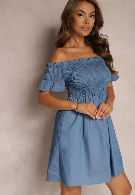 Jasnoniebieska Rozkloszowana Sukienka Typu Hiszpanka z Marszczeniem Solifea