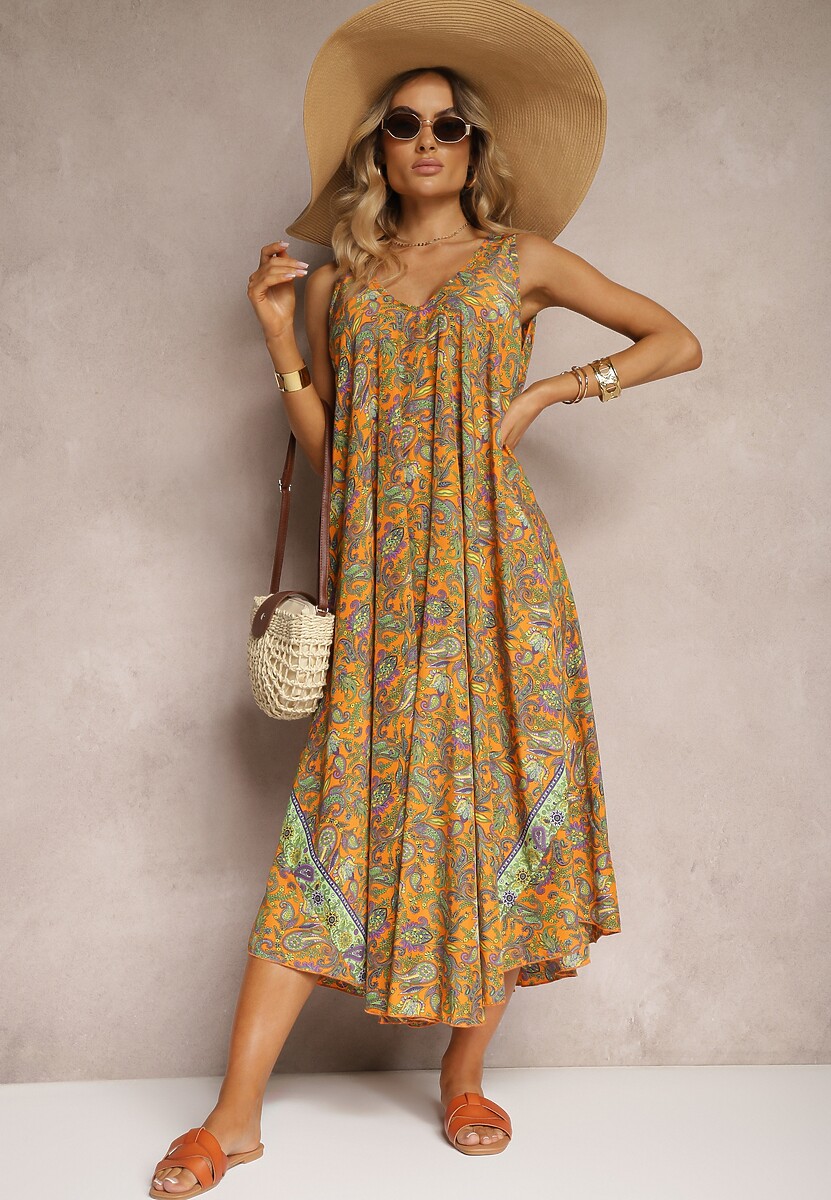 Żółta Sukienka z Wiskozy o Rozkloszowanym Kroju Bez Rękawów Fradea