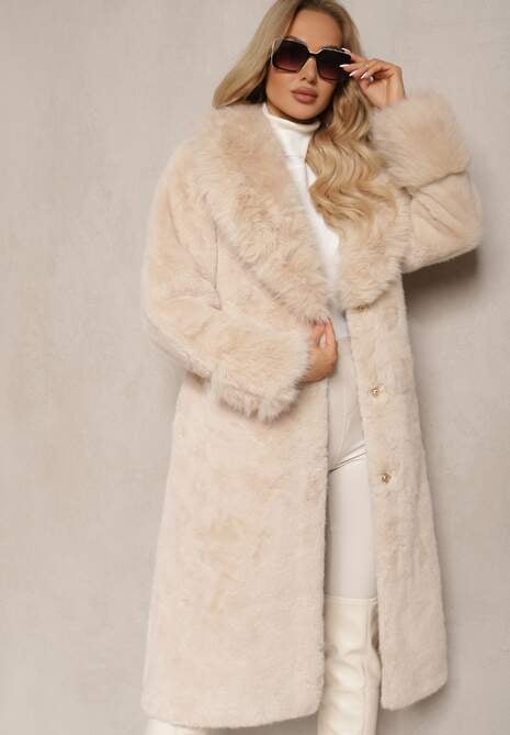 Beżowy Futrzany Płaszcz z Wiązanym Paskiem Ozdobnym Kołnierzem i Mankietami Viaressa
