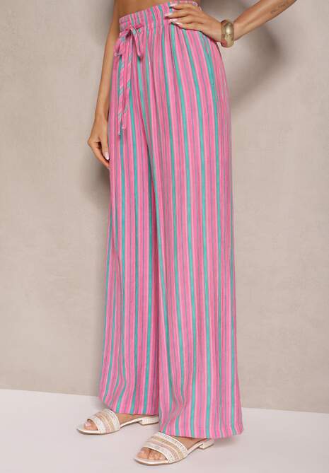Różowe Prążkowane Spodnie High Waist o Szerokim Kroju z Gumką i Wiązaniem w Talii Helzeki