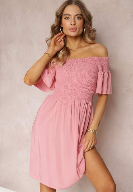 Różowa Sukienka Hiszpanka Mini z Wiskozy Folna