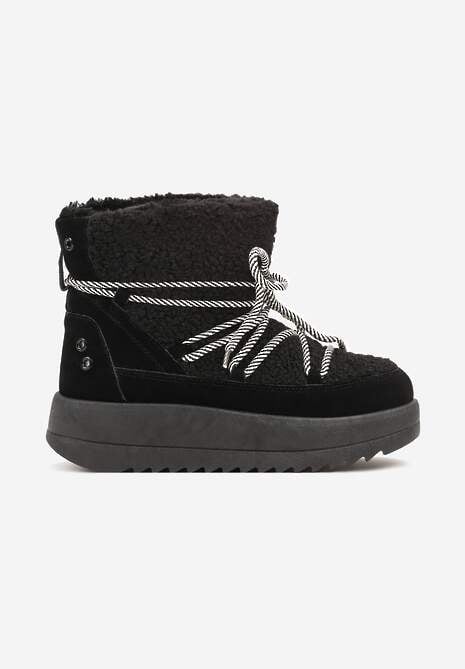 Czarne Niezapinane Śniegowce na Niskiej Platformie z Futerkiem i Sznurowaniem Avalisande