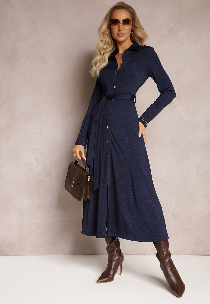 Brązowa Koszulowa Sukienka Midi z Wiązanym Paskiem Xudilla