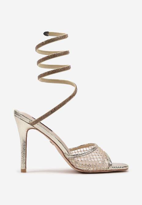 Złote Cyrkoniowe Sandały na Szpilce Oplatające Kostkę Camiora