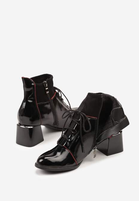 Czarne Botki Lakierowane Vices Typu Trzewiki na Słupku z Ozdobnymi Przeszyciami Nisatte