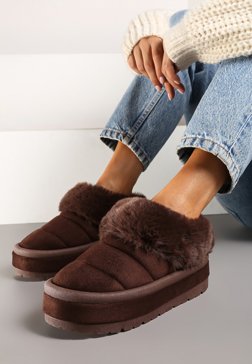 Beżowe Niskie Śniegowce Ekozamszowe na Platformie z Pikowaniem i Futerkiem Realira