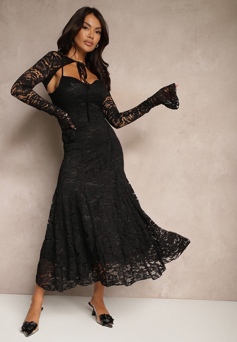 Czarna Rozkloszowana Sukienka z Koronki z Dodatkowym Bolerkiem Gonavora