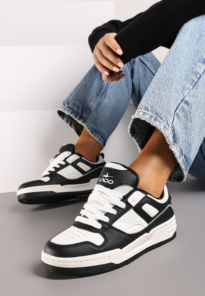 Czarno-Białe Sneakersy na Płaskiej Tłoczonej Podeszwie Vlietha
