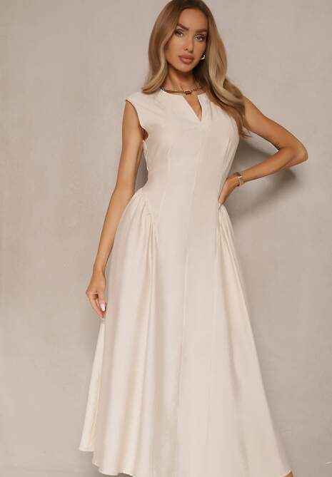 Beżowa Rozkloszowana Sukienka z Wiskozy Lirune