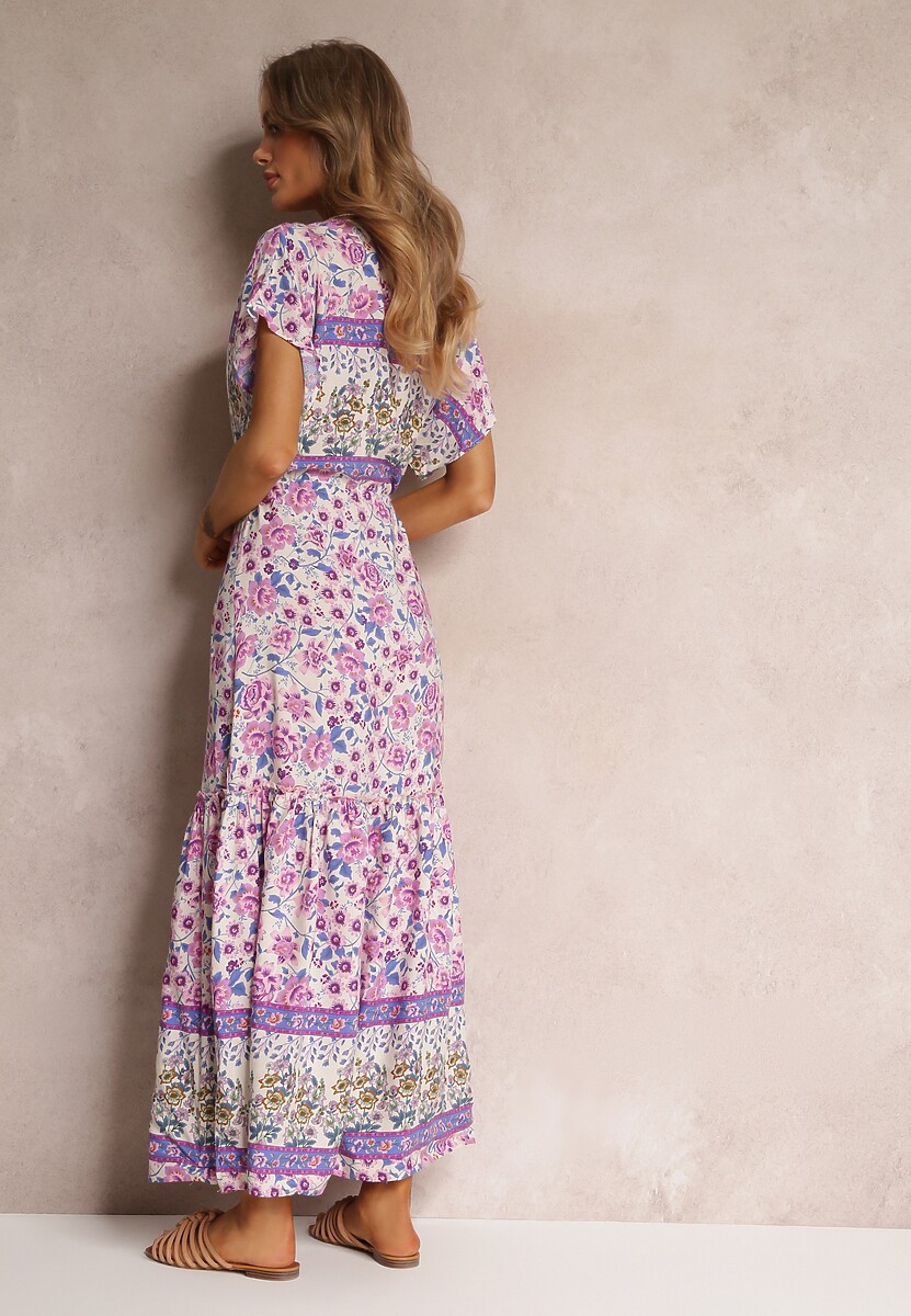 Fioletowa Sukienka Maxi ze Sznurkiem w Talii i Koronkową Wstawką przy Dekolcie Mererid