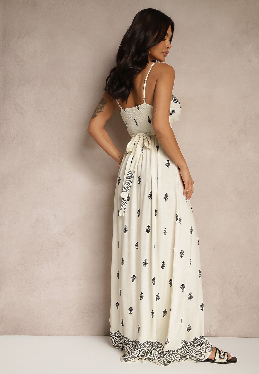 Kremowo-Czarna Kopertowa Sukienka na Ramiączkach z Bawełny z Wiązanym Paskiem Reveesia