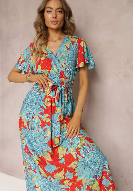 Niebiesko-Czerwona Wiskozowa Sukienka Maxi z Kopertowym Dekoltem z Gumką w Talii Lynette