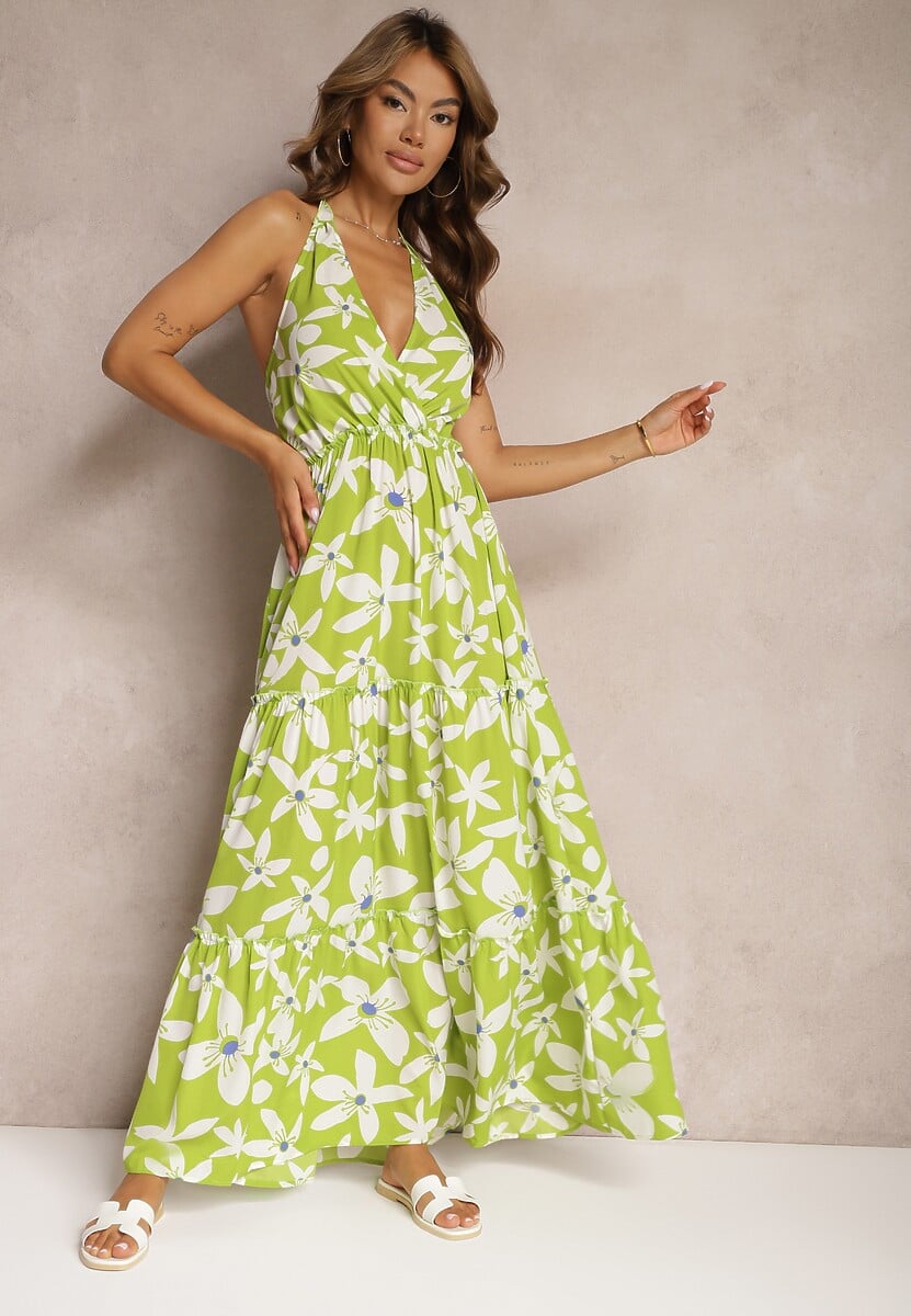 Zielona Sukienka z Kopertowym Dekoltem i Gumką w Talii Wiązana na Szyi Vikillaia