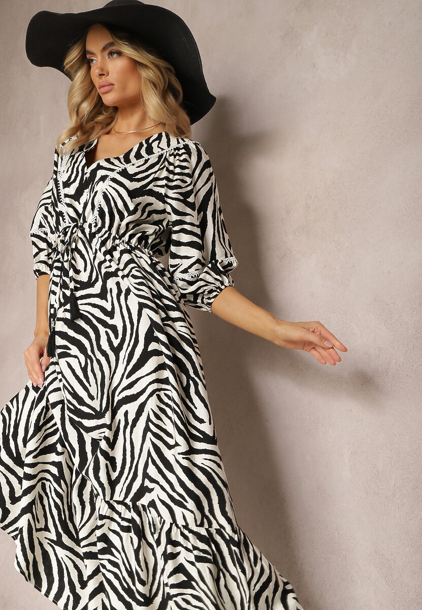 Czarno-Biała Sukienka z Wiskozy i Bawełny Ozdobiona Falbaną i Sznurkiem w Pasie Vantia