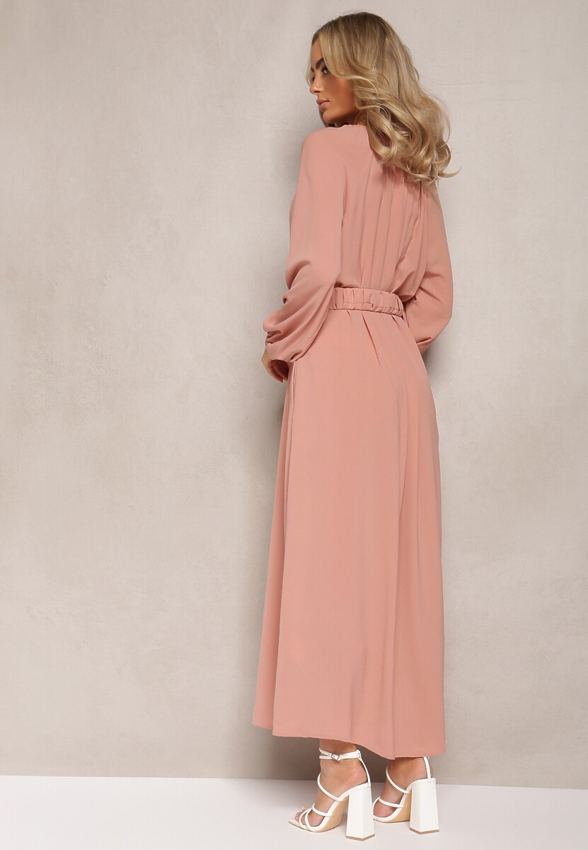 Ciemnoróżowa Sukienka Maxi o Swobodnym Kroju z Guzikami i Paskiem z Metaliczną Klamrą Ferian