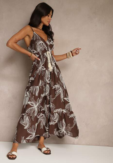 Brązowa Sukienka z Wiskozą ze Sznurkiem i Haftowanym Wzorem Liralette