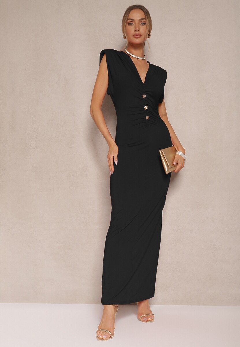 Czarna Sukienka Koktajlowa z Wiskozą Usztywnianymi Ramionami i Guzikami Melritia