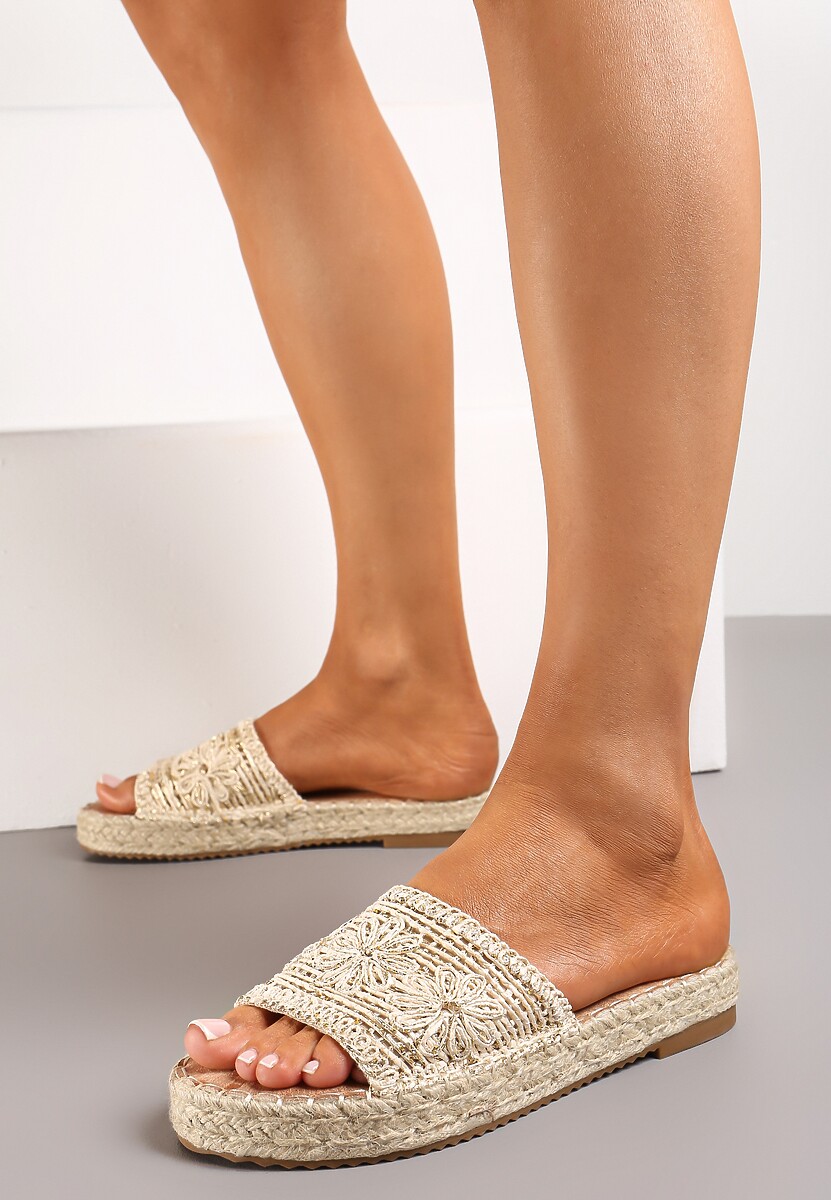 Beżowe Casualowe Klapki na Platformie Ozdobione Plecioną Jutą Rifenia