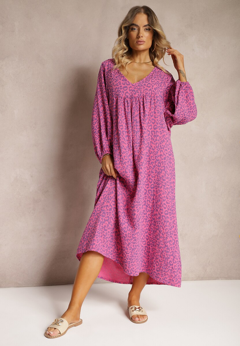 Fuksjowa Bawełniana Sukienka Trapezowa Zakończona Gumką przy Rękawach Vesivia