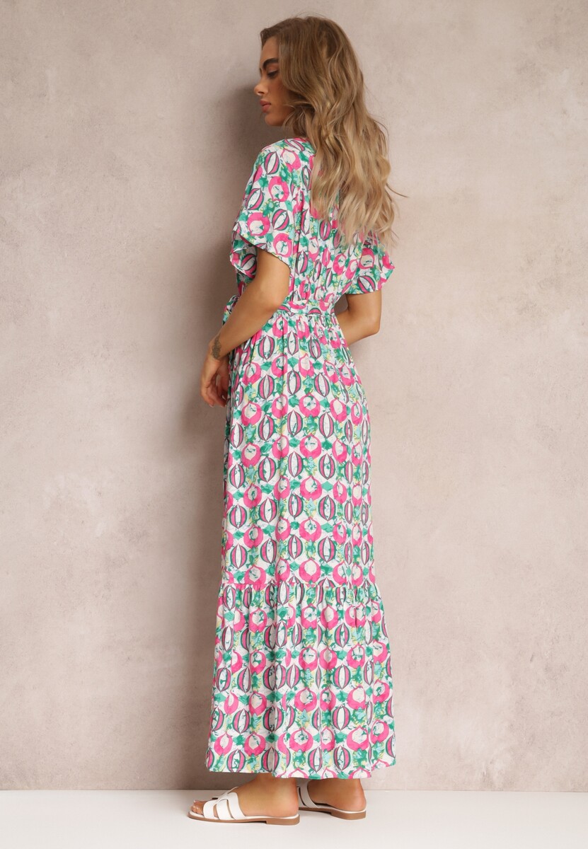 Różowa Sukienka z Wiskozy i Kopertowym Dekoltem w Fantazyjny Print Abai