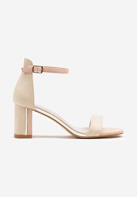 Beżowe Sandały na Słupku Ozdobione Metalicznymi Aplikacjami Inarisa