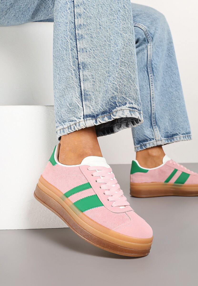 Różowo-Zielone Sneakersy na Płaskiej Podeszwie z Ozdobnymi Paskami Velali