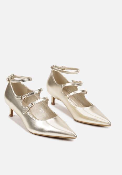 Złote Czółenka Lakierowane Typu Kaczuszka Wykończone Paseczkami i Sprzączkami Konstisa