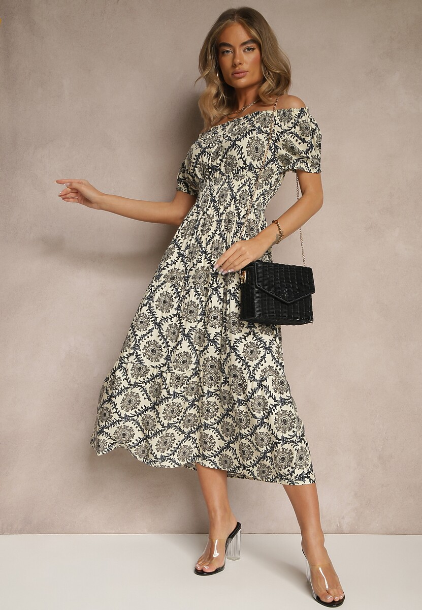 Beżowa Sukienka z Bawełną Ozdobiona Bufiastymi Rękawami Revalle