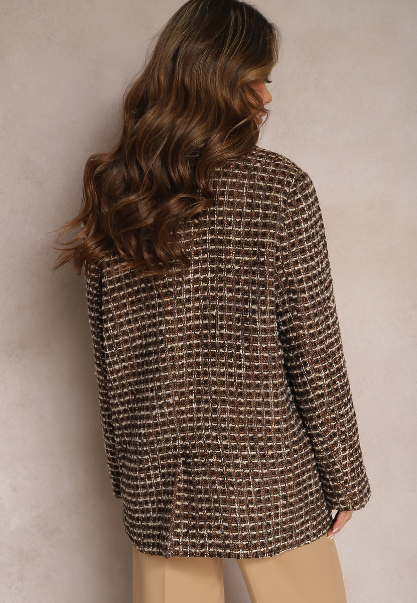 Czarno-Brązowa Tweedowa Marynarka Jednorzędowa z Ozdobnymi Guzikami Arielitta