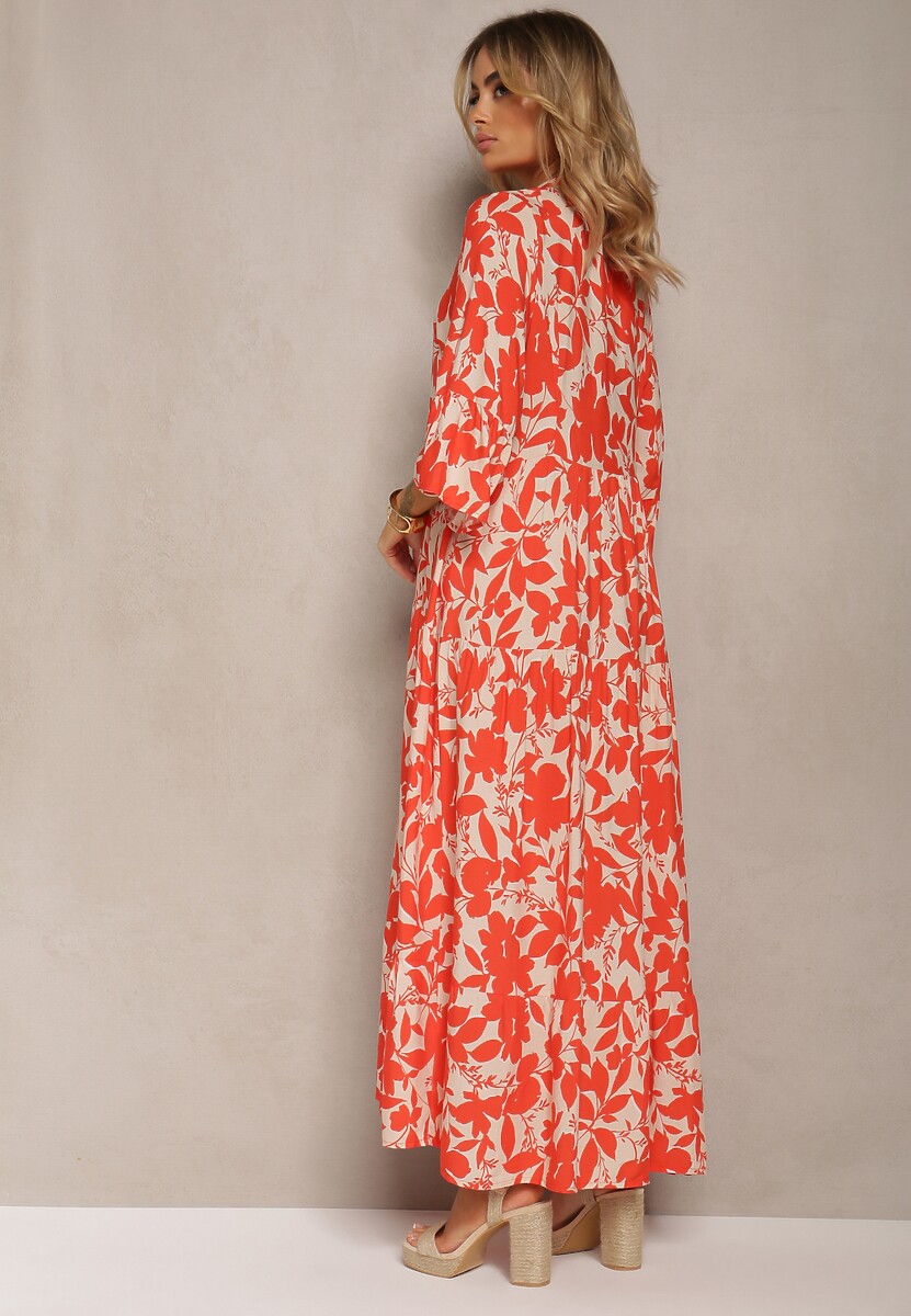 Czerwona Rozkloszowana Sukienka Maxi na Guziki z Abstrakcyjnym Wzorem Uvellia