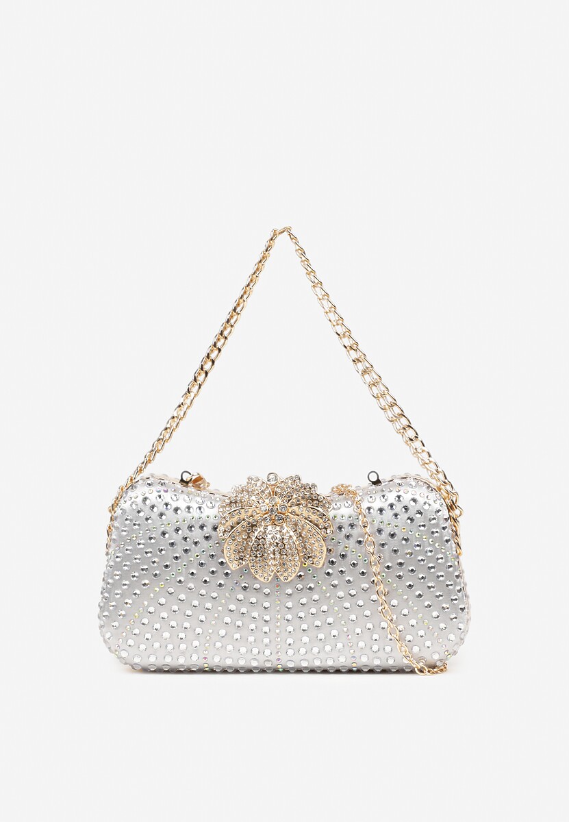 Czarna Torebka Kopertówka z Łańcuszkiem Zdobiona Cyrkoniami i Kwiatową Aplikacją Fessaluna